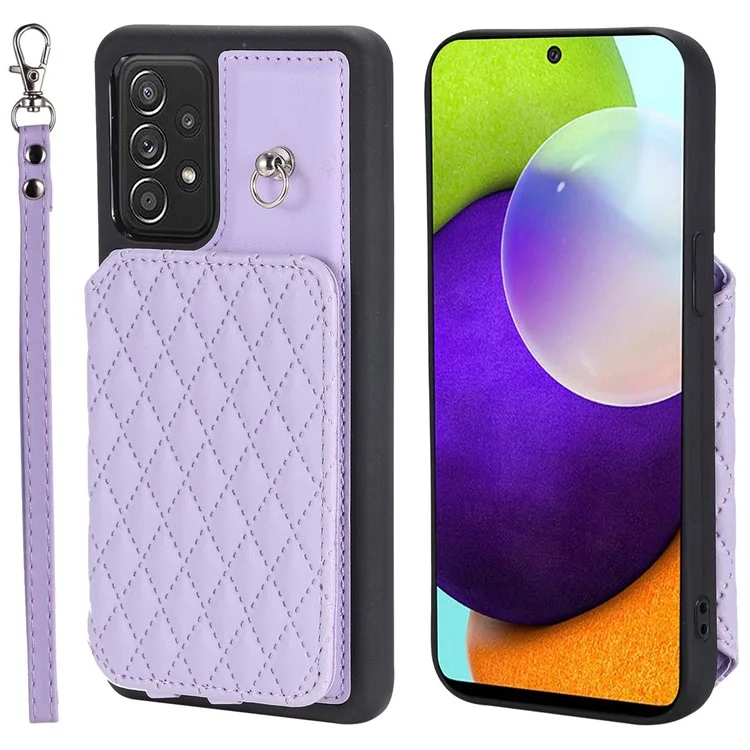 Style 008 Per Samsung Galaxy A52 4G / 5G / A52s 5G RFID Blocking Kickstand Case PU Leather Coated TPU Phone Shell con Cinturino da Polso - Viola