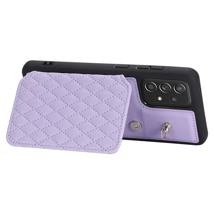 Style 008 Per Samsung Galaxy A52 4G / 5G / A52s 5G RFID Blocking Kickstand Case PU Leather Coated TPU Phone Shell con Cinturino da Polso - Viola
