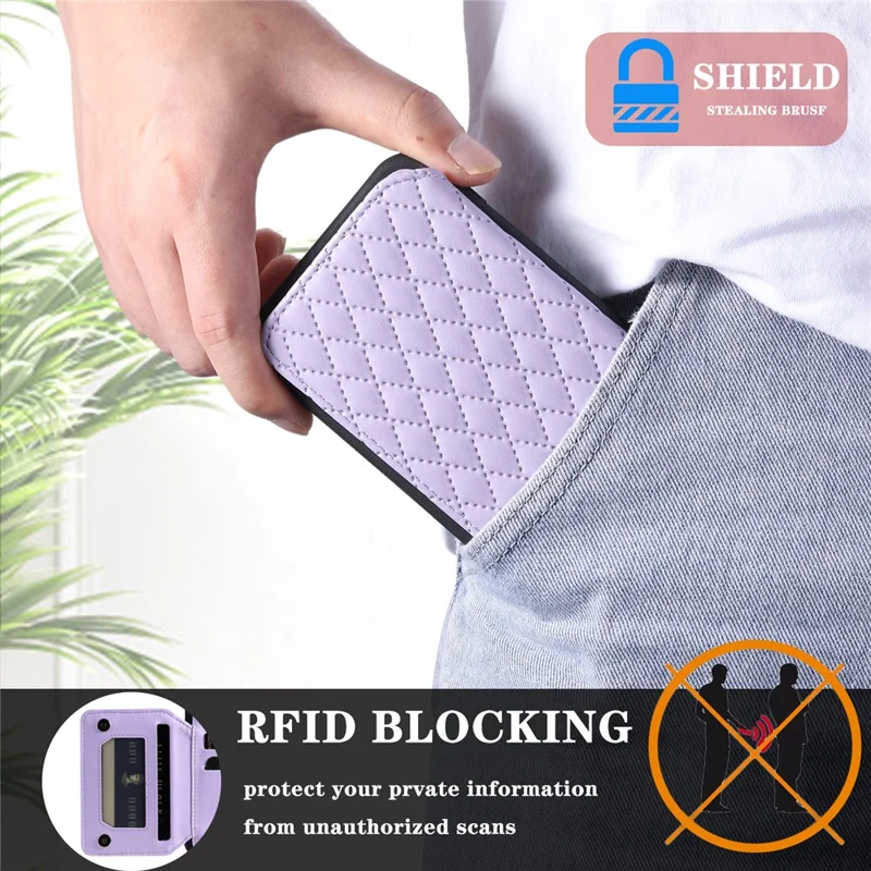 Style 008 Per Samsung Galaxy A52 4G / 5G / A52s 5G RFID Blocking Kickstand Case PU Leather Coated TPU Phone Shell con Cinturino da Polso - Viola