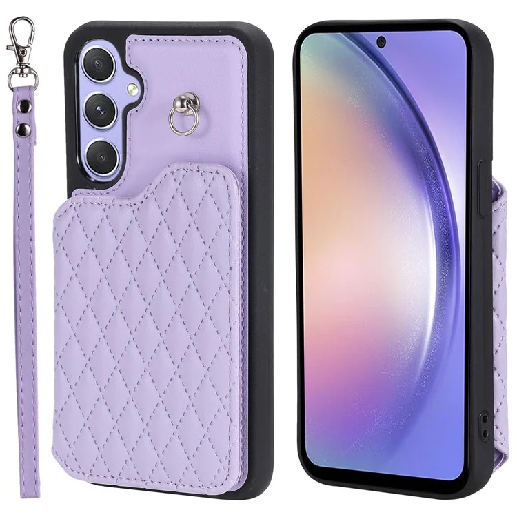Capa de Telefone Estilo 008 para Samsung Galaxy A54 5G com Suporte Flip PU Leather+TPU Bloqueio RFID Capa de Telefone com Alça de Pulso - Roxo