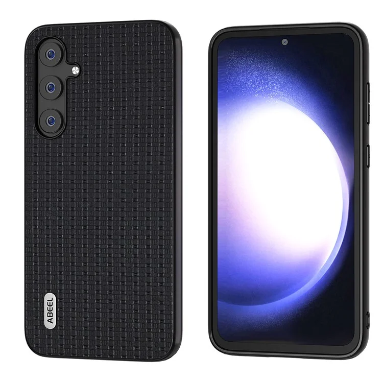 ABEEL For Samsung Galaxy S23 FE Cowhide Leather Coated PC+TPU Cover Luxury Textured Protective Phone Case - Black