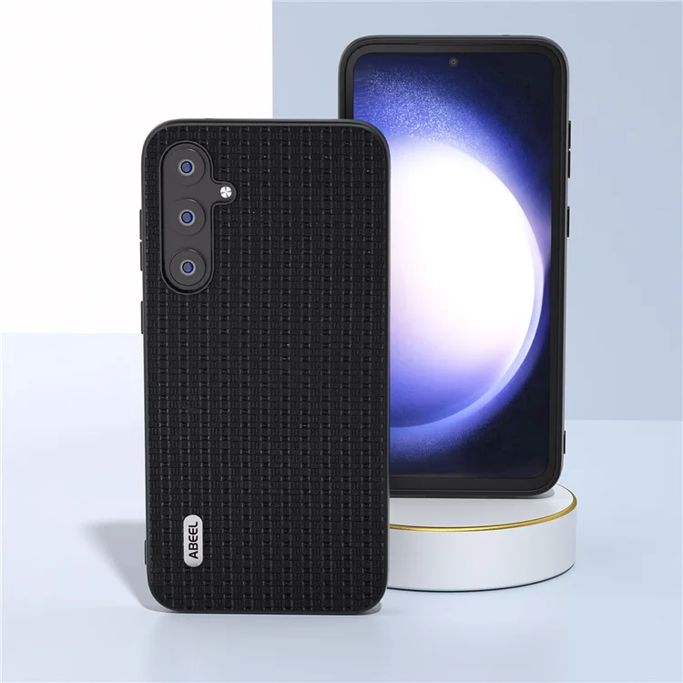 ABEEL For Samsung Galaxy S23 FE Cowhide Leather Coated PC+TPU Cover Luxury Textured Protective Phone Case - Black