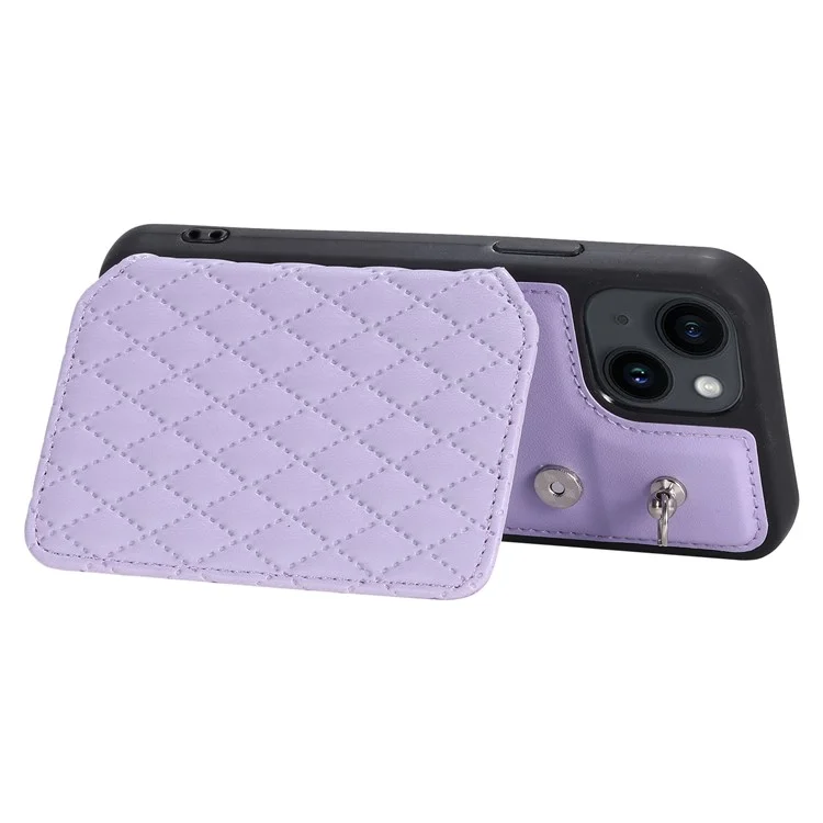 Style 008 Phone Case for iPhone 15 RFID Blocking Card Holder PU Leather Coated TPU Shell with Wrist Strap - Purple