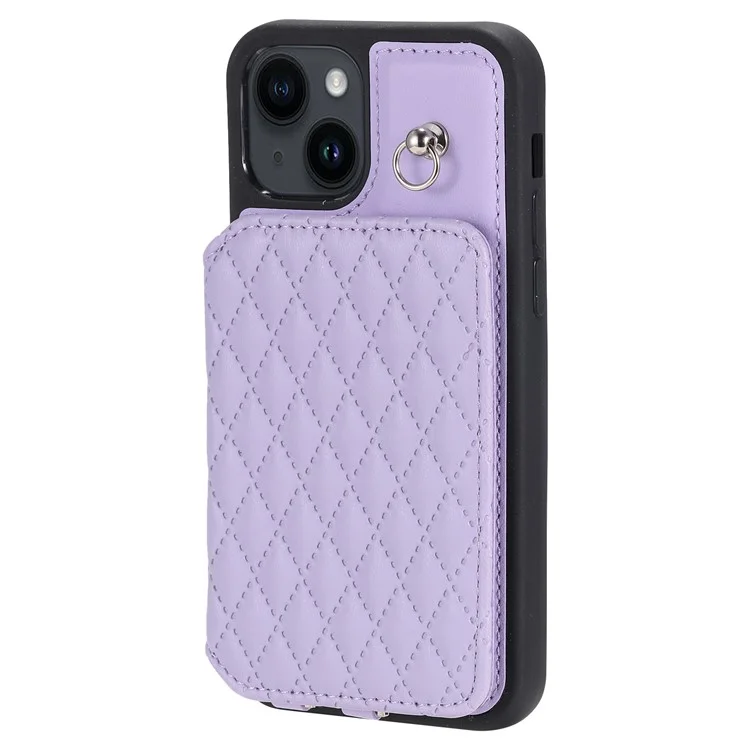Style 008 Phone Case for iPhone 15 RFID Blocking Card Holder PU Leather Coated TPU Shell with Wrist Strap - Purple