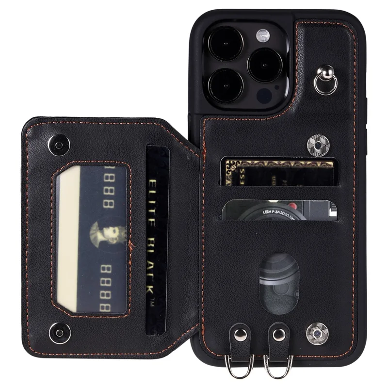 Style 008 Für iPhone 14 Pro RFID-blockierende Kreditkartenhülle Pu-Leder+TPU-Telefonständer-Cover mit Handschlaufe - Schwarz