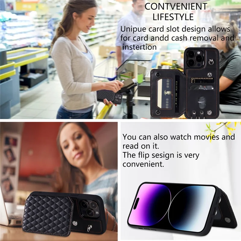 Style 008 Für iPhone 14 Pro RFID-blockierende Kreditkartenhülle Pu-Leder+TPU-Telefonständer-Cover mit Handschlaufe - Schwarz