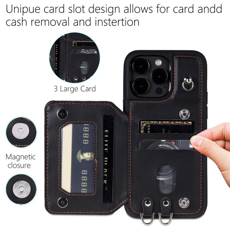 Style 008 Für iPhone 14 Pro RFID-blockierende Kreditkartenhülle Pu-Leder+TPU-Telefonständer-Cover mit Handschlaufe - Schwarz