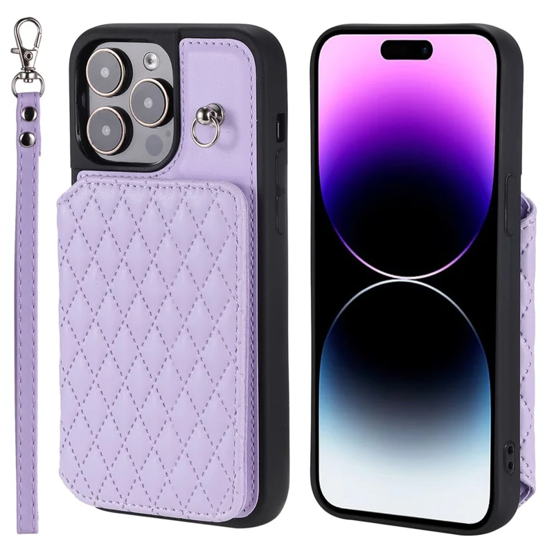 Style 008 For iPhone 14 Pro RFID Blocking Card Holder Case PU Leather+TPU Phone Kickstand Cover with Wrist Strap - Purple