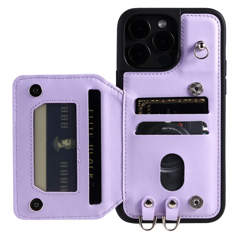Style 008 For iPhone 14 Pro RFID Blocking Card Holder Case PU Leather+TPU Phone Kickstand Cover with Wrist Strap - Purple