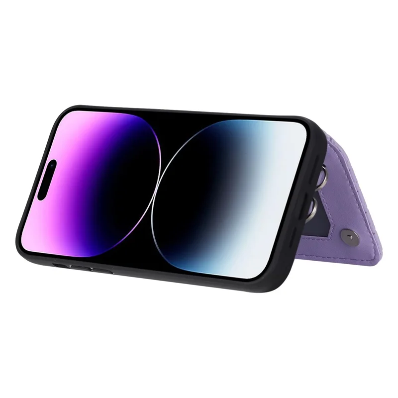 Style 008 For iPhone 14 Pro RFID Blocking Card Holder Case PU Leather+TPU Phone Kickstand Cover with Wrist Strap - Purple