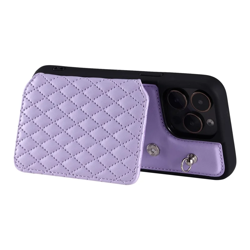 Style 008 For iPhone 14 Pro RFID Blocking Card Holder Case PU Leather+TPU Phone Kickstand Cover with Wrist Strap - Purple