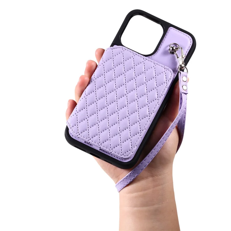 Style 008 For iPhone 14 Pro RFID Blocking Card Holder Case PU Leather+TPU Phone Kickstand Cover with Wrist Strap - Purple