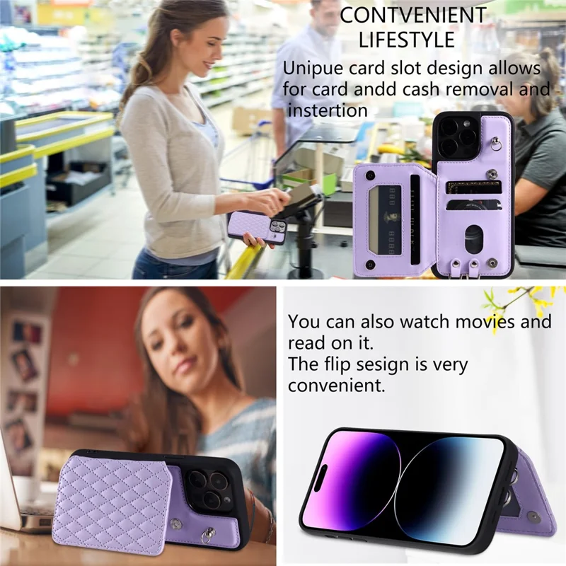 Style 008 For iPhone 14 Pro RFID Blocking Card Holder Case PU Leather+TPU Phone Kickstand Cover with Wrist Strap - Purple