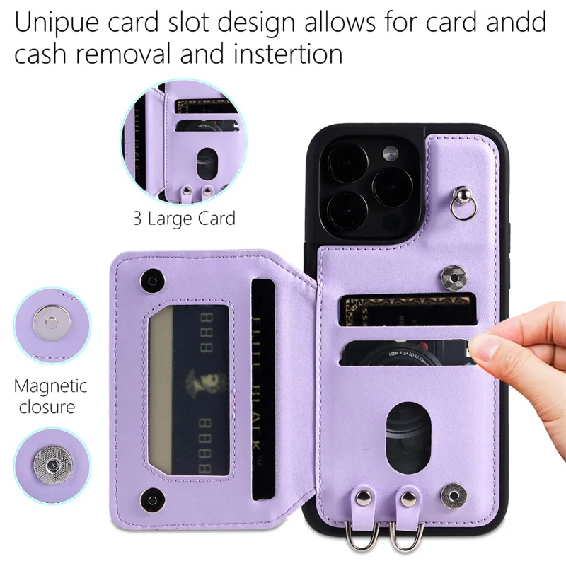 Style 008 For iPhone 14 Pro RFID Blocking Card Holder Case PU Leather+TPU Phone Kickstand Cover with Wrist Strap - Purple