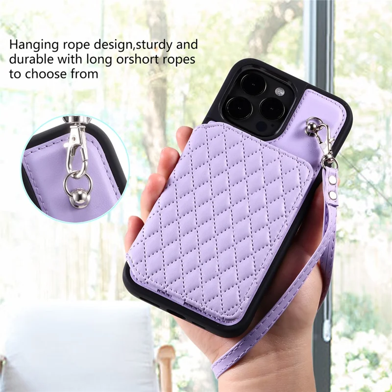 Style 008 For iPhone 14 Pro RFID Blocking Card Holder Case PU Leather+TPU Phone Kickstand Cover with Wrist Strap - Purple