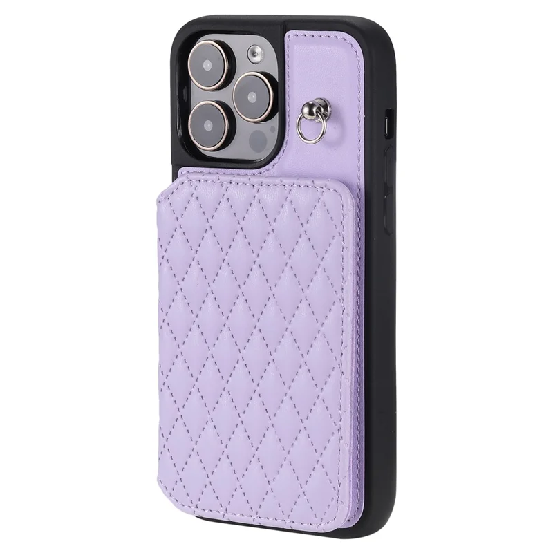 Style 008 For iPhone 14 Pro RFID Blocking Card Holder Case PU Leather+TPU Phone Kickstand Cover with Wrist Strap - Purple