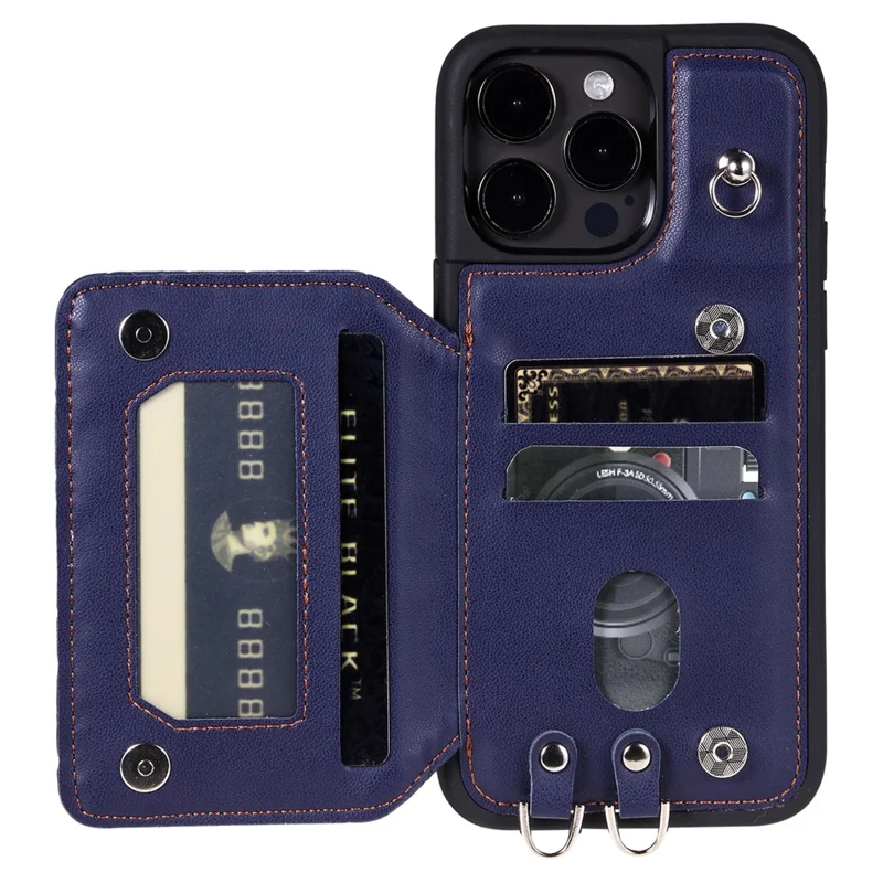 Style 008 For iPhone 14 Pro RFID Blocking Card Holder Case PU Leather+TPU Phone Kickstand Cover with Wrist Strap - Blue
