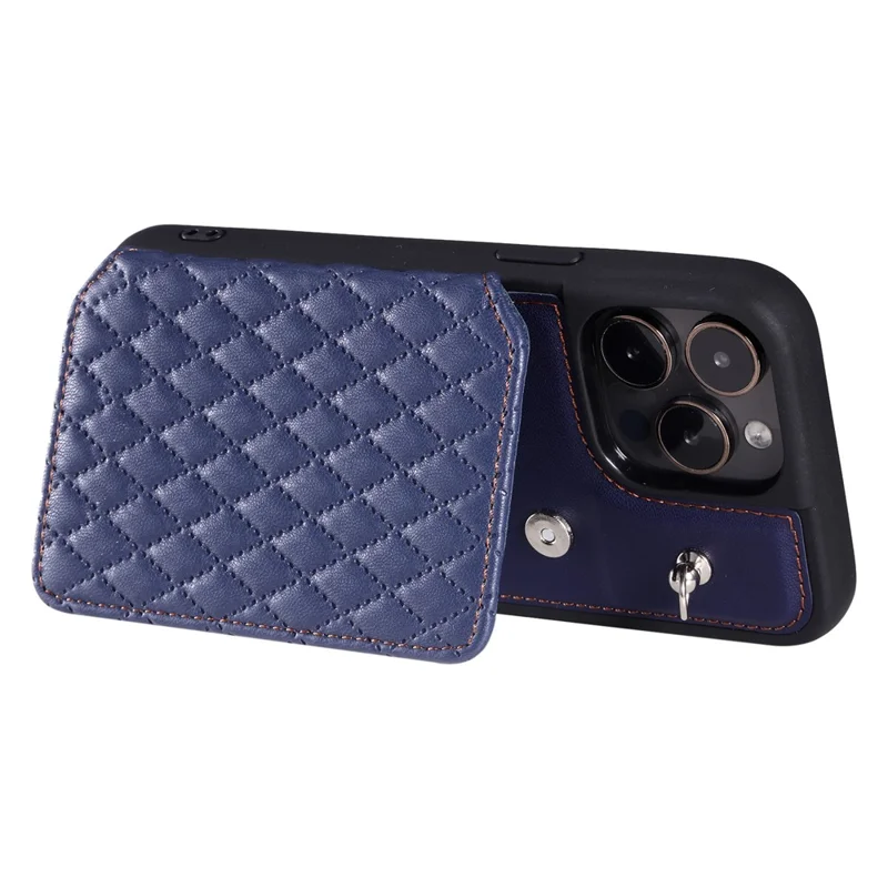 Style 008 For iPhone 14 Pro RFID Blocking Card Holder Case PU Leather+TPU Phone Kickstand Cover with Wrist Strap - Blue