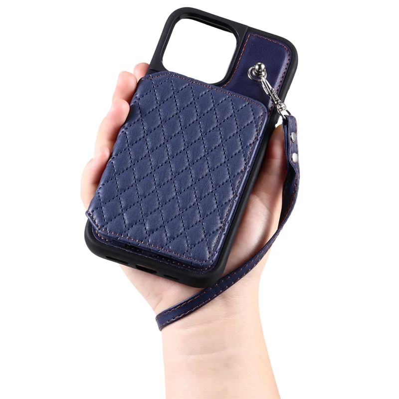 Style 008 For iPhone 14 Pro RFID Blocking Card Holder Case PU Leather+TPU Phone Kickstand Cover with Wrist Strap - Blue