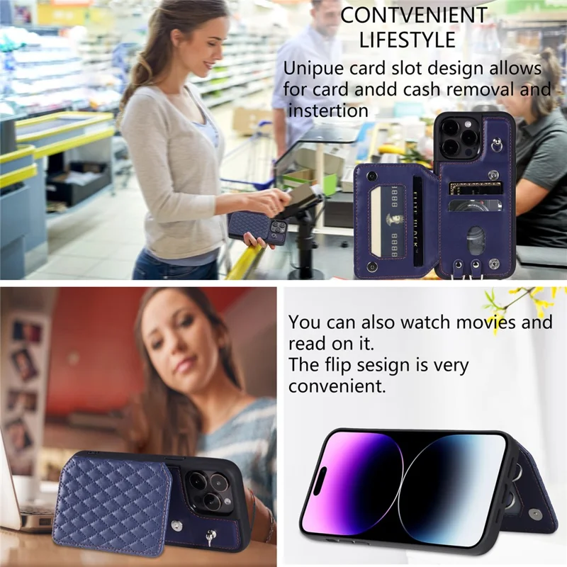 Style 008 For iPhone 14 Pro RFID Blocking Card Holder Case PU Leather+TPU Phone Kickstand Cover with Wrist Strap - Blue