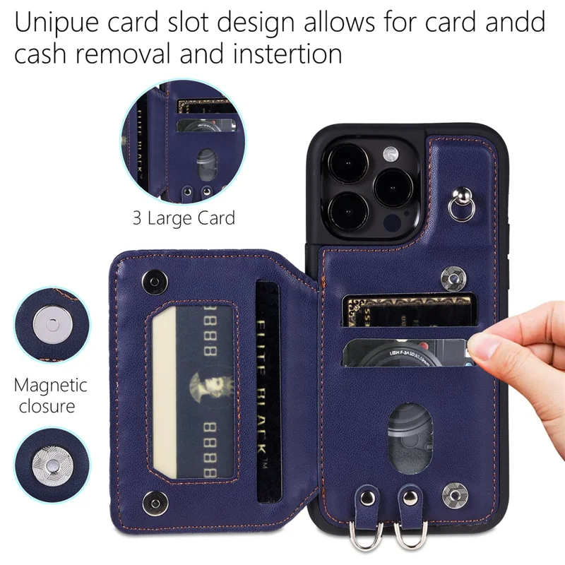 Style 008 For iPhone 14 Pro RFID Blocking Card Holder Case PU Leather+TPU Phone Kickstand Cover with Wrist Strap - Blue