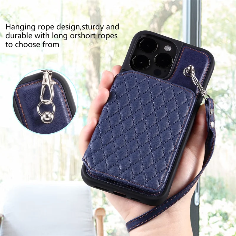 Style 008 For iPhone 14 Pro RFID Blocking Card Holder Case PU Leather+TPU Phone Kickstand Cover with Wrist Strap - Blue