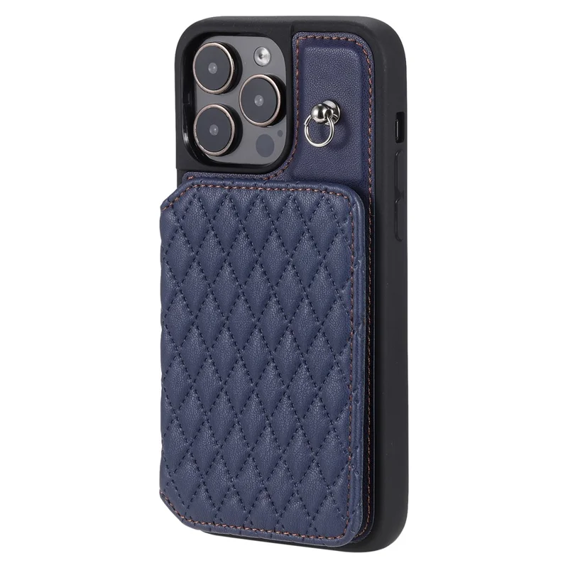 Style 008 For iPhone 14 Pro RFID Blocking Card Holder Case PU Leather+TPU Phone Kickstand Cover with Wrist Strap - Blue