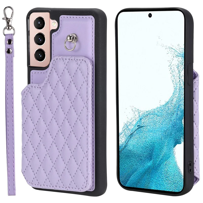 Style 008 Phone Cover for Samsung Galaxy S22 5G , Kickstand PU Leather+TPU RFID Blocking Phone Shell with Wrist Strap - Purple