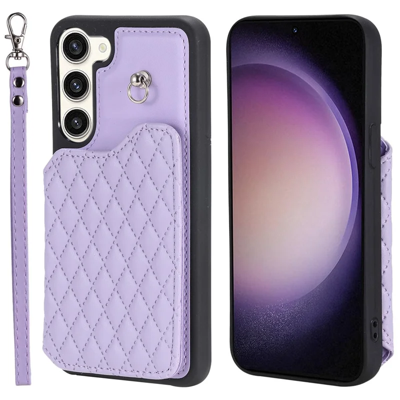 Style 008 Handyhülle für Samsung Galaxy S23, Ständer PU-Leder + TPU RFID-blockierender Kartenfach-Schutzhülle mit Handgelenksschlaufe - Lila