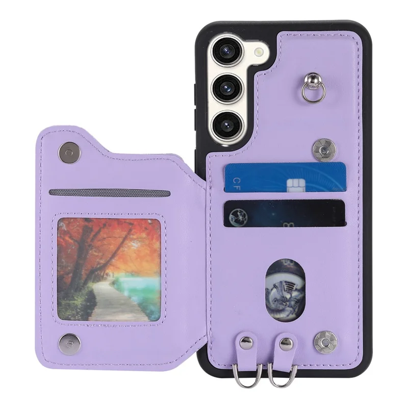 Style 008 Handyhülle für Samsung Galaxy S23, Ständer PU-Leder + TPU RFID-blockierender Kartenfach-Schutzhülle mit Handgelenksschlaufe - Lila