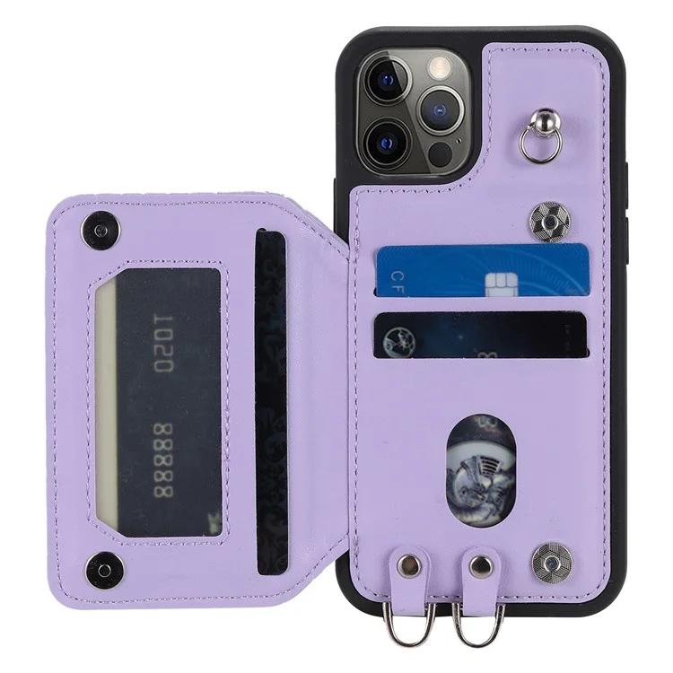 Style 008 Card Holder Cover for iPhone 12 Pro Max 6.7 inch , RFID Blocking PU Leather+TPU Phone Shell with Kickstand and Wrist Strap - Purple