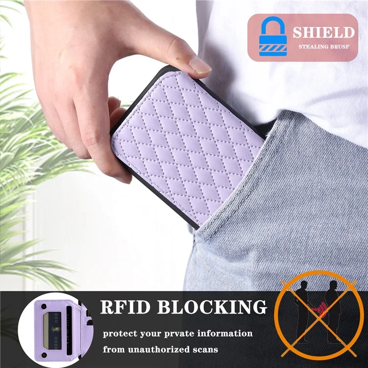 Style 008 Card Holder Cover for iPhone 12 Pro Max 6.7 inch , RFID Blocking PU Leather+TPU Phone Shell with Kickstand and Wrist Strap - Purple