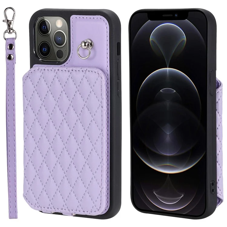 Vida Del Soporte de Tarjeta de Estilo 008 Para Iphone 12 / 12 Pro 6.1 Pulgadas, Kickstand PU Leather+TPU RFID Bloqueo Del Teléfono Con Correa Para la Muñeca - Púrpura