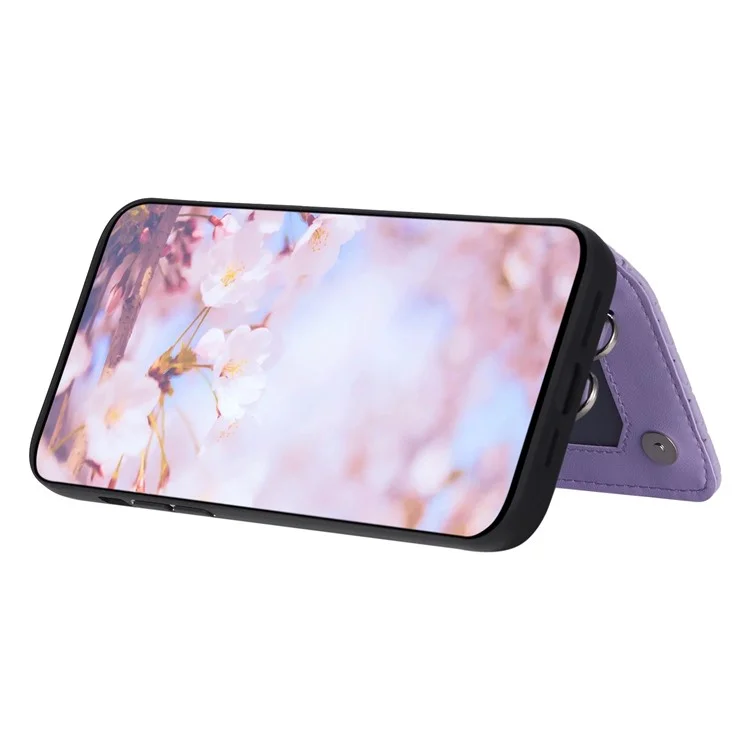 Style 008 Card Holder Cover for iPhone 12 / 12 Pro 6.1 inch , Kickstand PU Leather+TPU RFID Blocking Phone Shell with Wrist Strap - Purple