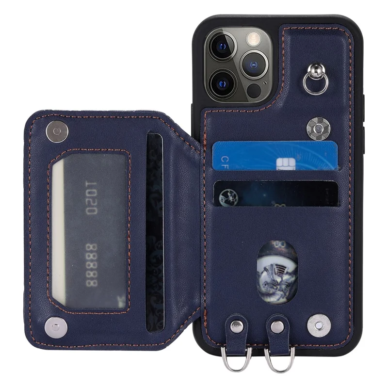 Style 008 Card Holder Cover for iPhone 12 / 12 Pro 6.1 inch , Kickstand PU Leather+TPU RFID Blocking Phone Shell with Wrist Strap - Blue