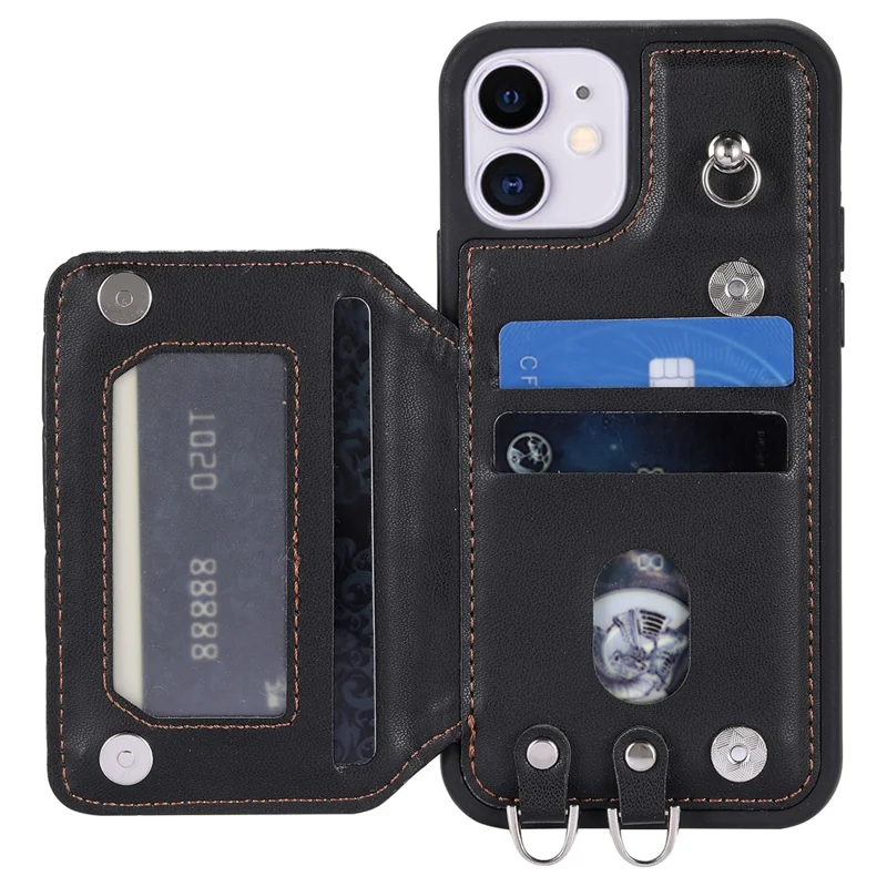 Style 008 Kickstand Phone Cover for iPhone 11 , PU Leather+TPU RFID Blocking Anti-drop Shell with Wrist Strap - Black