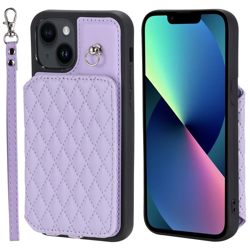 Style 008 Kickstand Handyhülle für iPhone 13 6.1 Zoll, PU-Leder+TPU RFID-Blockierung Kratzfeste Schale mit Handgelenksriemen - Lila
