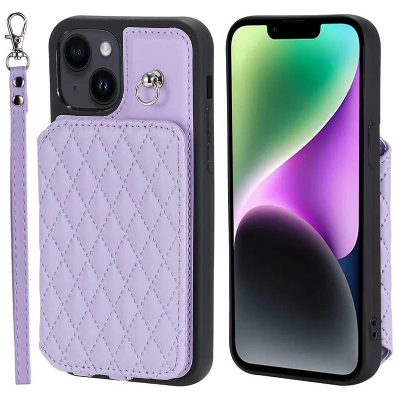 Style 008 Kickstand Phone Cover for iPhone 14 , PU Leather+TPU RFID Blocking Shockproof Shell with Wrist Strap - Purple