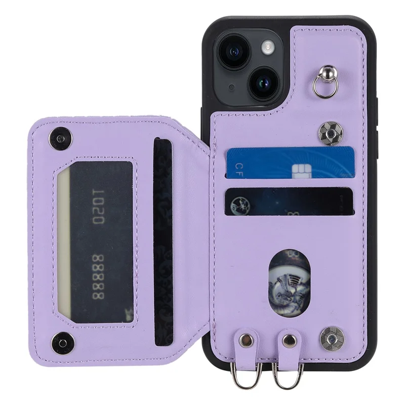 Style 008 Kickstand Phone Cover for iPhone 14 , PU Leather+TPU RFID Blocking Shockproof Shell with Wrist Strap - Purple