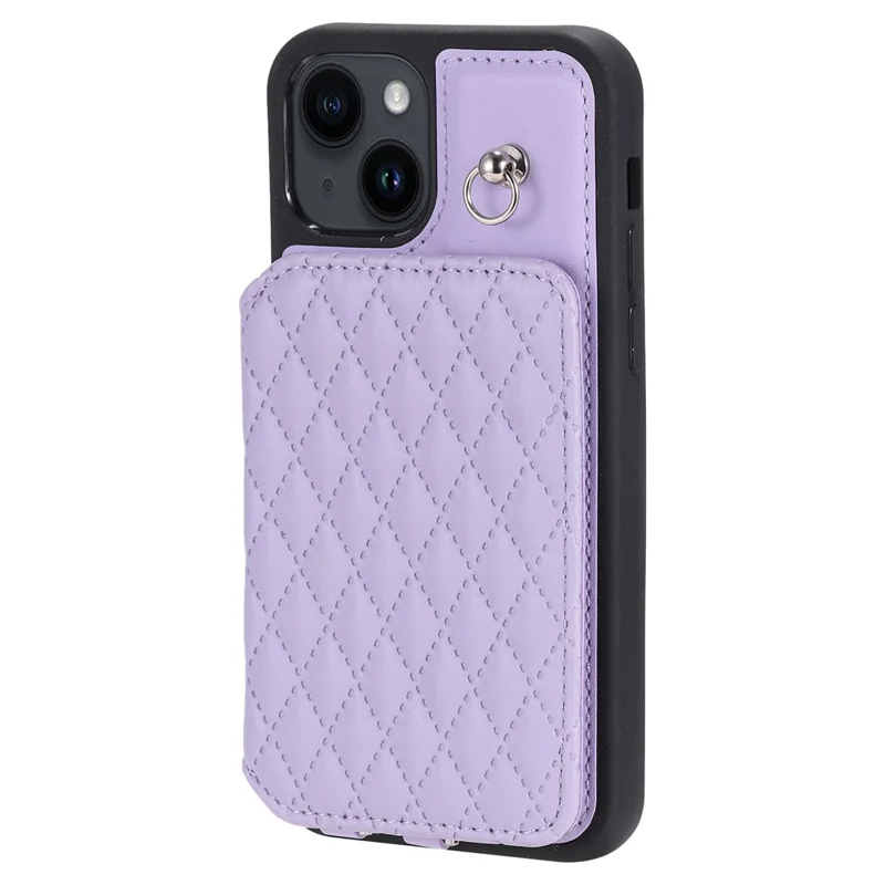 Style 008 Kickstand Phone Cover for iPhone 14 , PU Leather+TPU RFID Blocking Shockproof Shell with Wrist Strap - Purple