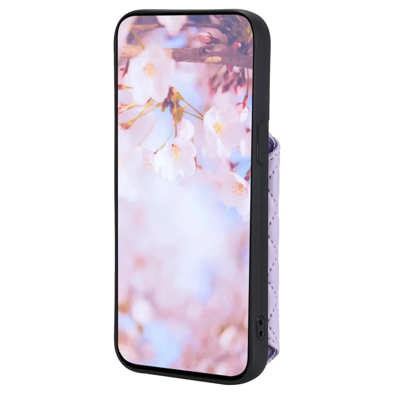 Style 008 Kickstand Phone Cover for iPhone 14 , PU Leather+TPU RFID Blocking Shockproof Shell with Wrist Strap - Purple