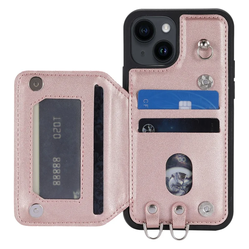 Style 008 Kickstand Phone Cover for iPhone 14 , PU Leather+TPU RFID Blocking Shockproof Shell with Wrist Strap - Rose Gold