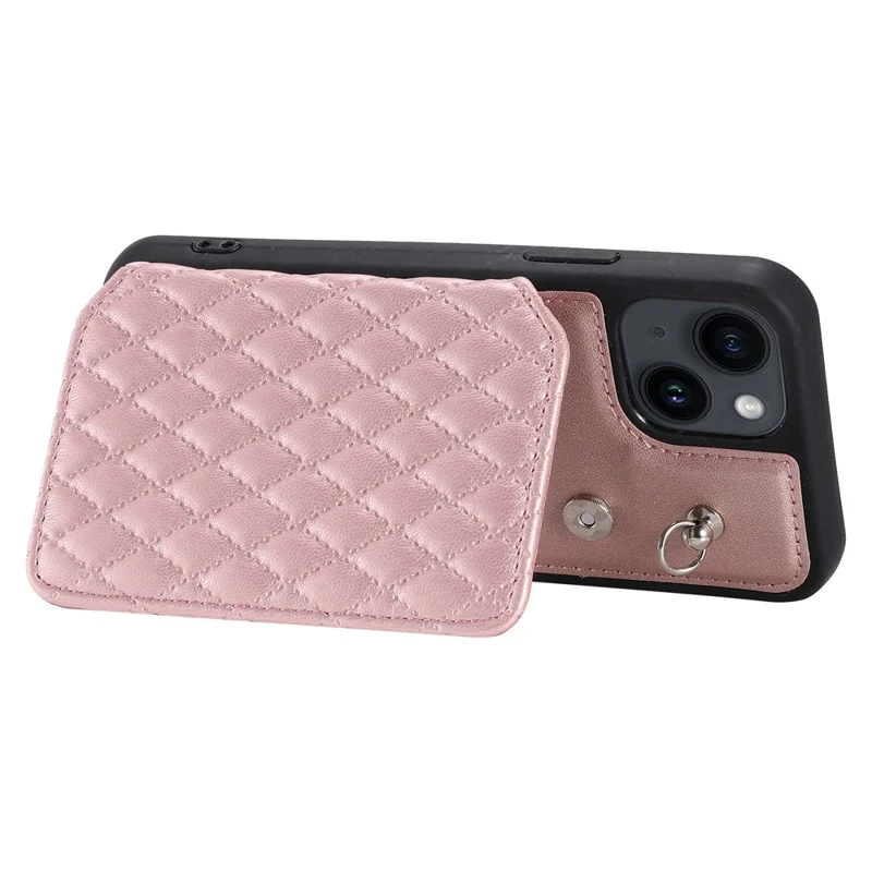 Style 008 Kickstand Phone Cover for iPhone 14 , PU Leather+TPU RFID Blocking Shockproof Shell with Wrist Strap - Rose Gold