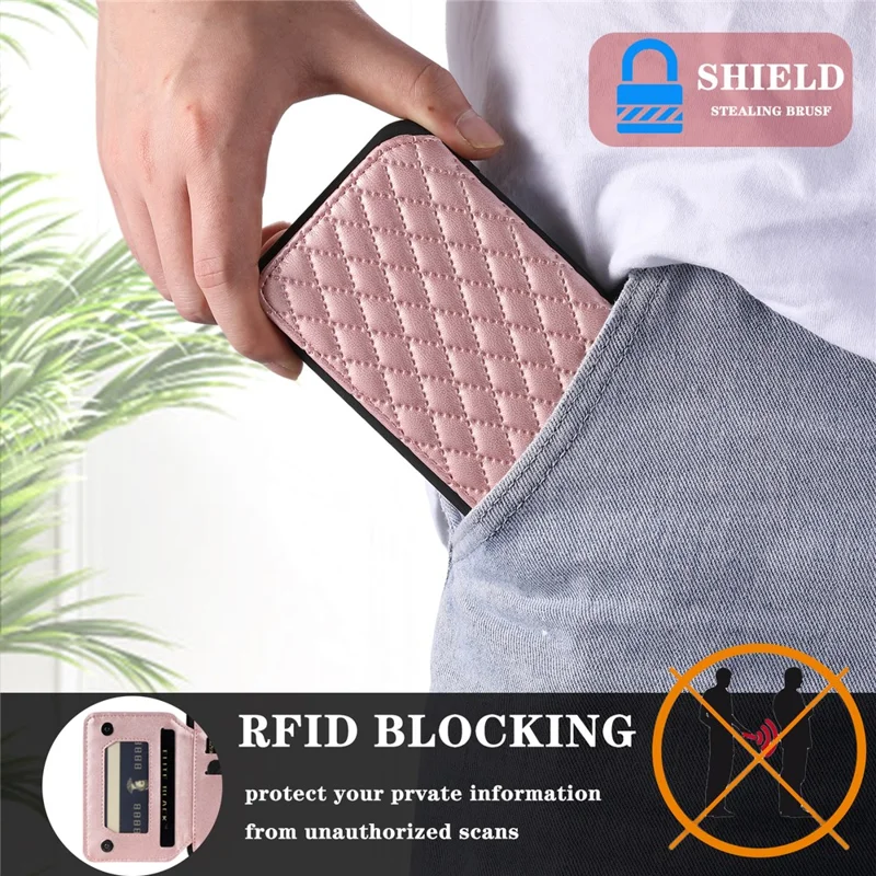Style 008 Kickstand Phone Cover for iPhone 14 , PU Leather+TPU RFID Blocking Shockproof Shell with Wrist Strap - Rose Gold