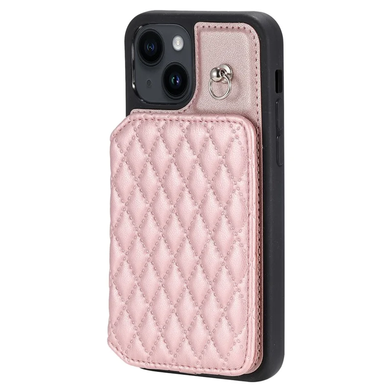Style 008 Kickstand Phone Cover for iPhone 14 , PU Leather+TPU RFID Blocking Shockproof Shell with Wrist Strap - Rose Gold