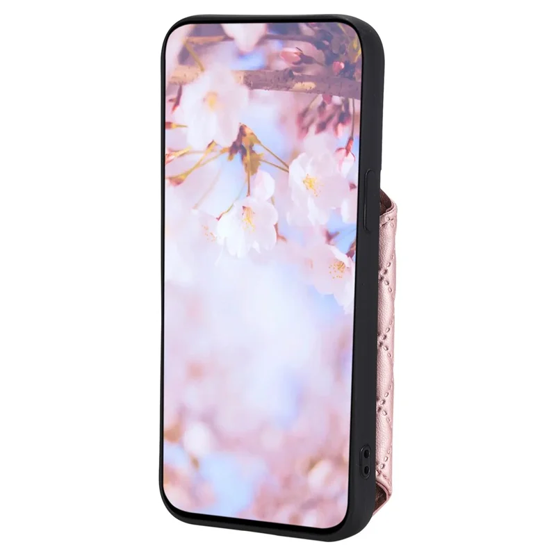 Style 008 Kickstand Phone Cover for iPhone 14 , PU Leather+TPU RFID Blocking Shockproof Shell with Wrist Strap - Rose Gold