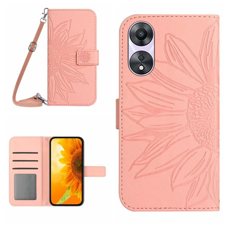HT04 para Oppo A78 4G Sunflower Imprint PU Leather Wallet Phone Case Stand Cover con Correa de Hombro - Rosa