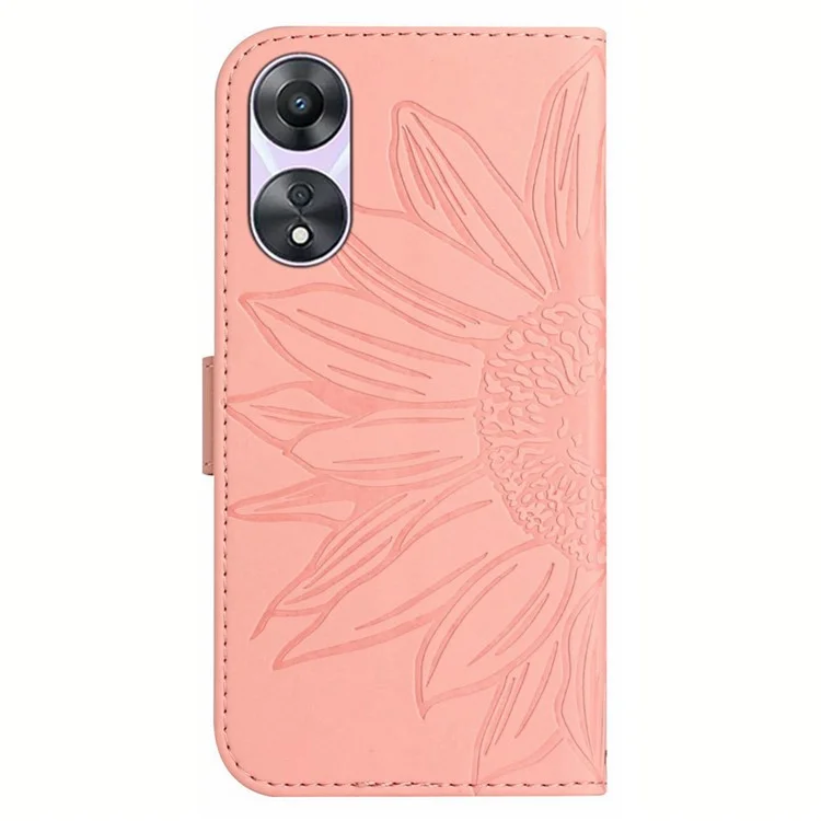HT04 para Oppo A78 4G Sunflower Imprint PU Leather Wallet Phone Case Stand Cover con Correa de Hombro - Rosa