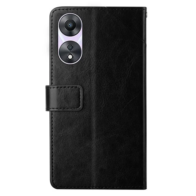 HT01 Phone Stand Case for Oppo A78 4G , Scratch Proof Y-shaped Line Imprinted Leather Wallet Cover - Black