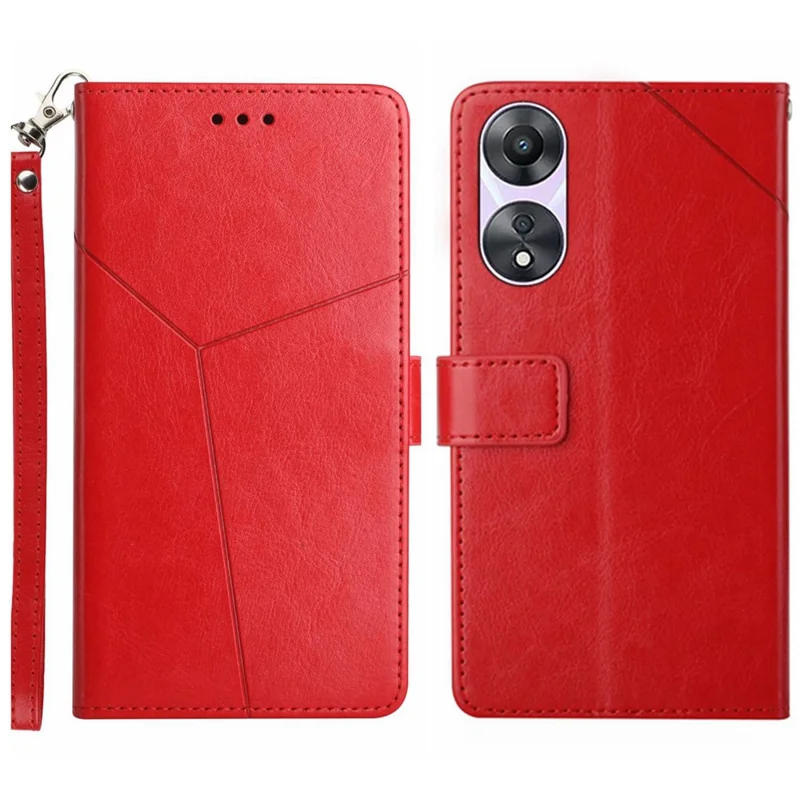 HT01 Phone Stand Case for Oppo A78 4G , Scratch Proof Y-shaped Line Imprinted Leather Wallet Cover - Red